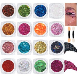 16 Colors Chunky Fine Mixed Holographic Glitter Gel Set for Face and Body Makeup Festival Party Sparkle Glitter Gel Decoration Rave Accessories