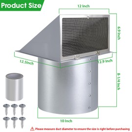 10 Inch Hooded Wall Vent with Screen and Damper,Outdoor Wall Exhaust Vent Cover Cap for Kitchen Range Hood HVAC Duct Dryer Ventilation&Outside Exterior Mount,Galvanized Steel,Gray