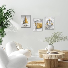 LevvArts Grey and Yellow Bathroom Wall Art Fishing Boat Painting Canvas Prints Modern Nautical Pictures Artwork for Bedroom (Yellow)