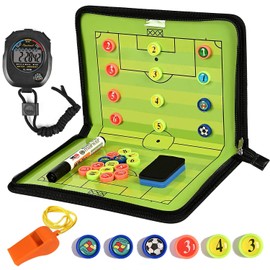 Maxee Football Tactics Board, Foldable Trainer Folder, Tactical Folder, Football Coach Board with Magnetic Large Chess Pieces, Stopwatch Timer, Referee Whistles, Sponge, Board Marker