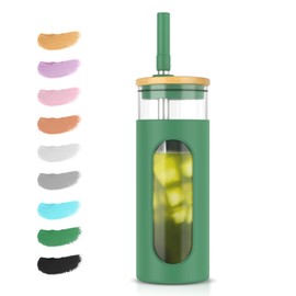 Tronco 20oz Glass Tumbler with Bamboo Lid and Straw, Glass Cup For Boba,Iced Coffee,Smoothie, Spill Proof Glass Water Bottle With Silicone Protective Sleeve, Dishwasher Safe,BPA Free