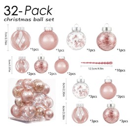 XmasExp 32ct Christmas Ball Ornaments Set -Rose Gold Clear Plastic Shatterproof Xmas Tree Ball Decorations Hanging Baubles for Holiday Decor