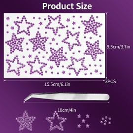 3 Sheets Star Rhinestone Stickers Light Purple Adhesive Gems Face Jewels Stickers Bling Hair Diamond Decals Sparkly Crystal Pearls for Body Face Nails Crafts Decoration