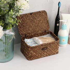 GUSHBIN Handwoven Seagrass Basket Wicker Shelf Basket with Lid Rectangular Multipurpose Desktop Organizer Bin for Key Remote Control, Small,7.0" x 4.3" x 3.3"