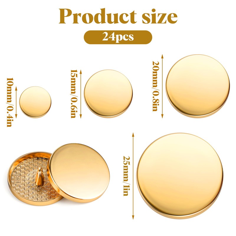 AOZUO 24Pcs Gold Buttons for Blazers, Metal Flat Button, Round