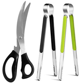 Kitchen Scissors, Korean Barbecue Sheras and Tongs Set,Kitchen Scissors for Meat Cutting, Chicken, Vegetables,Stainless Steel Non-slip Serrated Sharp BBQ Multipurpose Kitchen Sheras Tongs