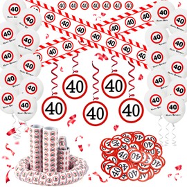 DazzJoy Decoration 40th Birthday Man Woman, 40th Birthday Decoration Set with Barrier Tape, 40th Birthday Decoration, Balloons, Streamers, Confetti, Spiral Garland, Traffic Sign, Birthday Decoration