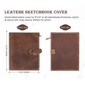 Fasjosma Handmade Crazy Horse Leather Sketchbook Cover for A5 5.5"x8.5" Notebooks, Artist Sketch Pad Case with 4 Pen Slots, Portfolio Organizer for Art Supplies (Brown, 9“ x 12 ")