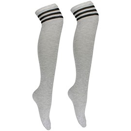 Knee Thigh High Sock Cheerleader Pub Golf Fancy Dress Stripe Socks Light Grey/Black Stripe
