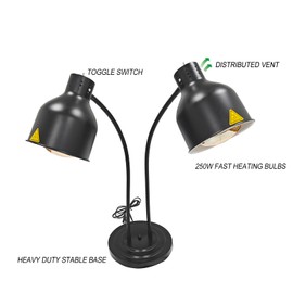 2-Head Food Heat Lamp Warmer w/Rapid-Heating Bulbs, Commerical Food Warmer Heating Lamps for Restaurant Kitchen Buffet Catering, Parties Food Heated Warming Lamp (Black, Dual Bulbs)