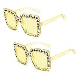 VIKSAUN 2 Pieces Yellow Square Unisex Diamond Glasses Oversized Rhinestone Sunglasses Sparkling Retro Sunglasses Dresses up Clothing Shopping Travelling Party Makeup Accessories (Yellow)