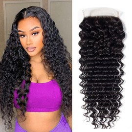 4x4 Lace Closure Brazilian Human Hair Deep Wave HD Transparent Swiss 100% Unprocessed Human Hair Deep Wave Curly Human Hair Natural Colour (14 Inches)