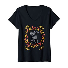Womens Happy Fall Y'all - Autumn Leaf Wreath Graphic Design V-Neck T-Shirt