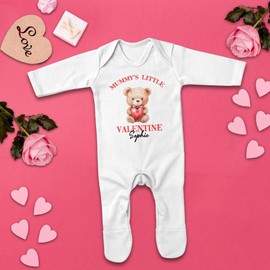 Purple Print House Custom Mummy's Little Valentine Romper Suit Baby Boys Girls Valentines Teddy Bear Sleepsuit Keepsake Gift, 6-12 Months, Light Blue