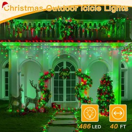 Ollny Icicle Lights for Outside 486LED 40FT, Red and Green Christmas Light with Remote 8Modes Timers Waterproof, Plug in Connectable Hanging Lights for Outdoor Indoor House Roof Holiday