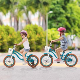 COSTWAY Kids Bike, 14 Inch Toddler Children Bike w/Training Wheels, Hand & Coaster Brakes, Adjustable Saddle & Handlebar, Basket, Bell, Kids Bicycle for Girls Boys Aged 3-8 Years Old, Turquoise