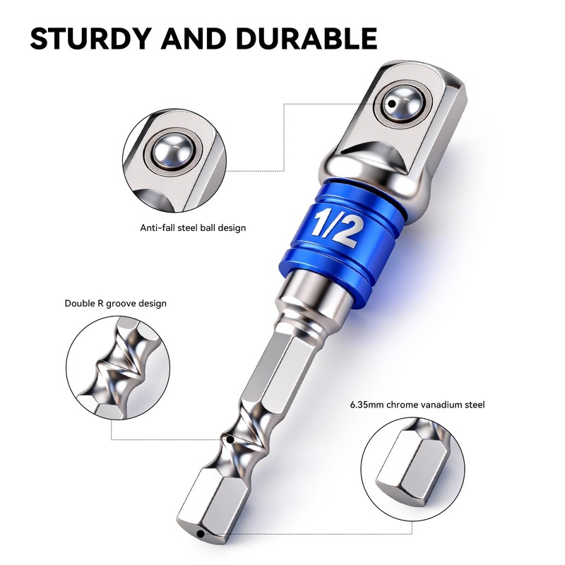 3PCS Hex Shank to Square Heavy Duty Socket Adapter Set,