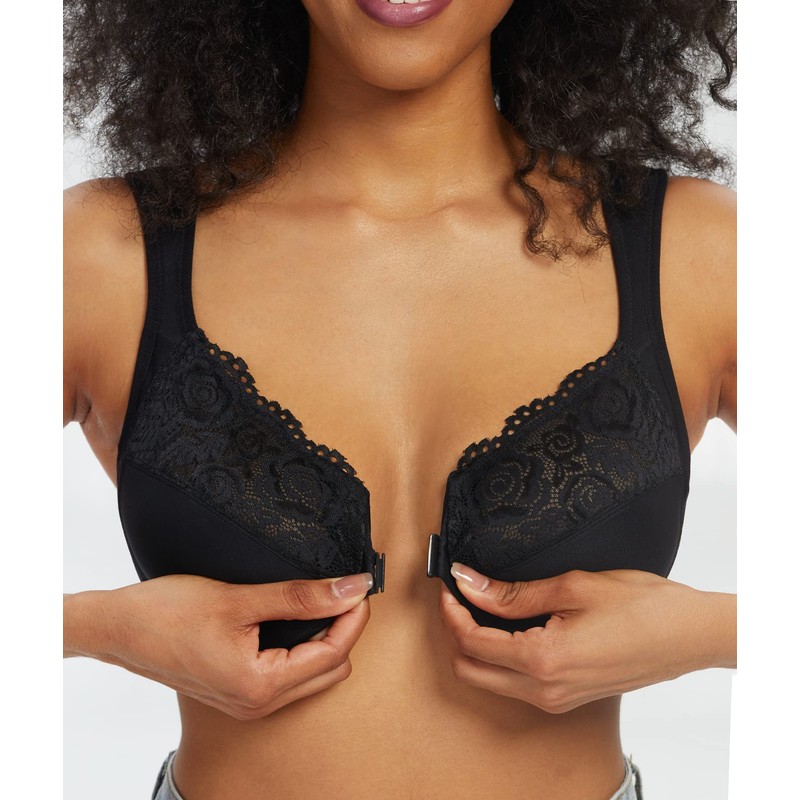 Lemorosy Wide Strap Front Closure Bra Lace Full Figure Underwire(Black