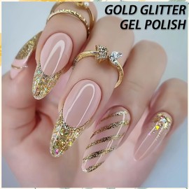Gold Glitter Gel Polish, Long Wear Sparkle Gel Nail Polish, Gold Nail Polish Gel for Women, Gold Shiny UV Gel Polish Glitter for Nail Art Starter Manicure DIY at Home