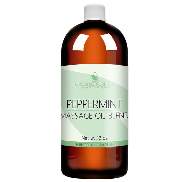 Peppermint Massage Oil Blend - 100% Natural, Organic Sourced, Non-GMO, Peppermint Essential Oil Mix of Jojoba, Argan, Grapeseed & More - 32 oz - Soothing, Deep Tissue, Muscles - Packaging May Vary