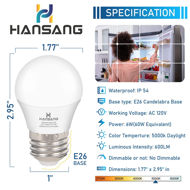 hansang Refrigerator Light Bulb E26 Base, 60Watt Equivalent, 5000K Daylight,