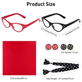 Aneco 6 Pack 50s Set Chiffon Scarf Cat Eye Glasses Bandana Tie Headband Earrings (Black and Red)