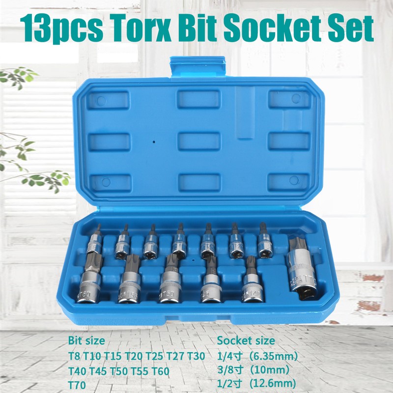 13-Piece Star Bit Socket Set, T8–T70, with 1/4-Inch, 3/8-Inch and