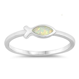 CloseoutWarehouse White Simulated Opal Christian Fish Ring Sterling Silver Size 7