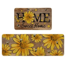 Artoid Mode Wood Bee Sunflower Daisy Home Spring Kitchen Mats Set of 2, Summer Home Decor Low-Profile Kitchen Rugs for Floor - 17x29 and 17x47 Inch