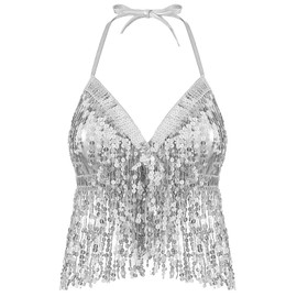 Malaxlx Womens Belly Dance Crop Top Sequins Tassel Silver Bralette Bra Halter Top Backless Tank Top for Girls Rave Party Club Costume