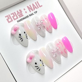 Adorable cat handmade nail tips - short ballerina / 앙증맞은 고냥이 수제네일팁 - 숏발레리나