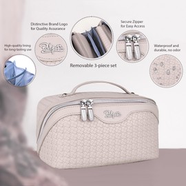 Travel Makeup Bags Cosmetic Organizer Bag: Large Capacity Make up Bag Set of 3 - Vegan Leather Woven Toiletry Bag for Women - Portable Makeup Organizer with Compartments & Handle & Divider Beige