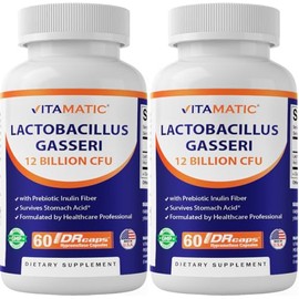 Vitamatic Lactobacillus Gasseri - 12 Billion per DR Capsule - 60 Count - Digestive Support - Made with Prebiotic Inulin Fiber- 2 Pack