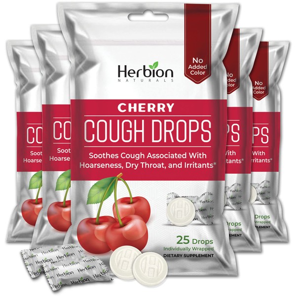 Herbion Naturals Cough Drops with Cherry Flavor – 25Ct Pouch – Oral Anesthetic - Relieves Cough - Soothes Sore Throat and Dry Mouth - for Adults, Children 6 and Above (Pack of 5) (125 Lozenges)