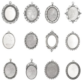 SUNNYCLUE 1 Box 12Pcs 12 Styles Silver Bezel Trays Oval Pendant Blanks Antique Silver Frame Metal Cameo Pendants Trays for Jewellery Making DIY Craft Bouquet Bridal Wedding Brides Graduation Adults