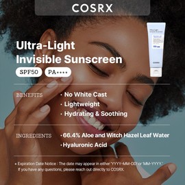 COSRX COSRX Ultra-Light Invisible Sunscreen SPF 50 PA++++ Non Oily Sun Cream with Witch Hazel, Protects & Hydrate Against Sun, Extra High UV Protection, Daily Hydrating Sun Lotion Korean Skincare 50mL