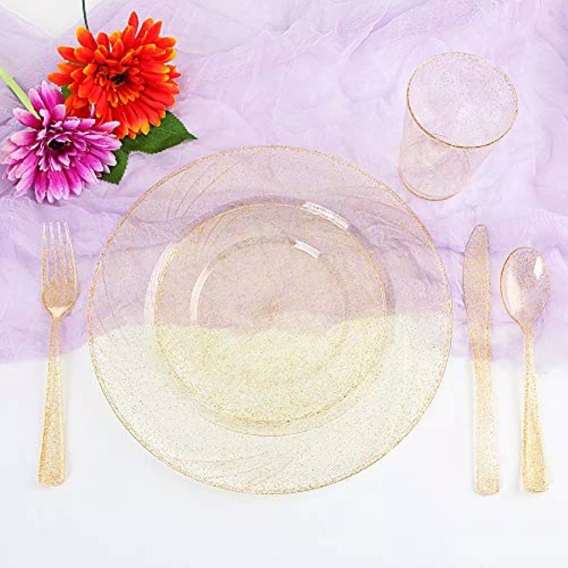 Unknown Gold Plates - Disposable Plastic Silverware - Gold Glitter