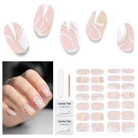 Semi Cured Gel Nail Strips, 28 pcs Gel Nail Stickers Full Nail Wraps,Long Lasting Gel Nail Strips Work with Any UV Lamp,Nail Art Stickers for Gel Nails Salon Quality, Easy to Apply (Gold Pink)