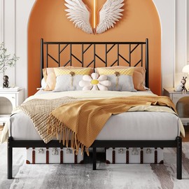 Allewie 【April Limited Deal】【Not including mattresses】Allewie Bed Frame with Vintage Headboard, 14 Inches Metal Mattress Foundation for Storage, No Box Spring Needed, Easy Assembly, Modern - Color: Black, mattress & bed frame size: Full