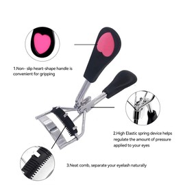 Stainless Steel Eyelash Curler with Built-in Comb Pinch Pain-Free Lash Curler with Brush Suitable for Any Eye Shapes and Sizes and with 5 Silicone Refill Pads (Black)