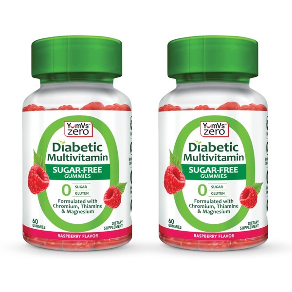 YumVs Diabetic Multivitamin Gummies | Sugar Free Diabetes Supplement Vitamins for Women & Men | Chromium, Thiamine and Magnesium | Natural Raspberry Flavor Chewables - 60 Count - (Pack of 2)