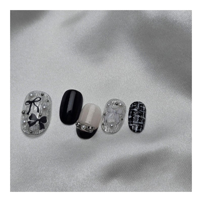 Black Silver Ribbon [Handmade Nail Tips] Emily Nail - Mini