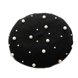 ZARSIO Women Beret Pearl Elegant Sweet Artist Wool French Style Beret Beanie Cap (Black)