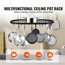 Happybuy 32-inch Hanging Pot Rack Ceiling Mount, 80 lbs Load, 12 S Hooks, Kitchen & Restaurant Cookware Storage