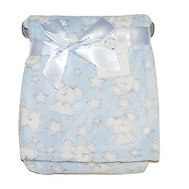 KAV Soft Fleece Wrap Blanket - Soft Unisex Pram Cot Crib Moses Basket Teddy and Stars Print Gift Set for Newborn, Babies, Girl/Boy, Infant - 75x100 CM, Pack of 1 (Blue)