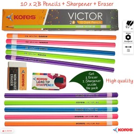 Kores Victor 2B Wooden Hexa Dark Pencils, Pack of 10, 2B Pencils Sharpener Eraser Pack, 2B Pencils For School Classroom Office Teacher Supplies, Write Draw Sketch