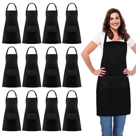 Jubatus 12 Pack 100% Cotton Aprons Bulk with 2 Pockets Cooking Chef Kitchen Adjustable Bib Apron for Women Men, Black