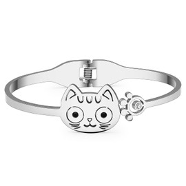YAYAKO Fishbone Cat Bracelet Bangle Stainless Steel 18k Gold Bracelet for Women Girls Jewelry Dainty Bracelet Charms Cat Gifts (Silver Cat Bracelet)