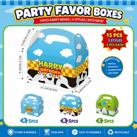 CHENRINDECO 15 Pack Cartoon Story Party Boxes Cookie Treat Boxes with Handle Blue Sky White Cloud Cow Pattern Gift Box for Cartoon Story Birthday Party Supplies