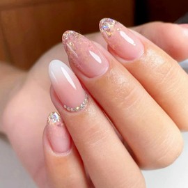 24Pcs Medium Almond Fake Nails Nude Gradient White Glitter French Tip Medium Press On Nails Almond with Designs Full Cover Glossy False Nails Medium Almond,Acrylic Thick Almond Medium Glue on Nails, Stick on Nails For Women Daily Events Z564